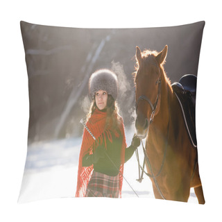 Personality  Beautiful Young Woman And Horse In Winter Forest Pillow Covers