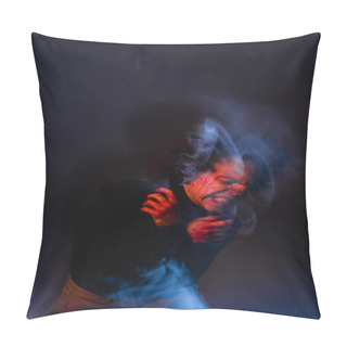 Personality  Double Exposure Of Stressed African American Man With Injured Bleeding Face Grimacing On Dark With Red And Blue Light Pillow Covers