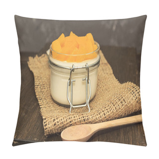 Personality  Panna Cotta Classical Italian Desert With Peaches In A White Jar On A Brown Wooden Background On Sackcloth Whith One Spoon Pillow Covers
