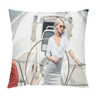 Personality  Beautiful Young Blonde Woman In Sunglasses Standing On Yacht Pillow Covers