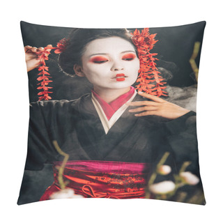 Personality  Selective Focus Of Beautiful Geisha In Black Kimono With Red Flowers In Hair And Sakura Branches On Black Background With Smoke Pillow Covers