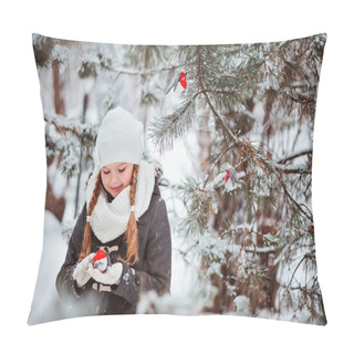 Personality  Cute Child Girl In Grey Coat And White Hat, Scarf And Gloves Plays With Toy Bullfinch In Winter Snowy Forest Pillow Covers