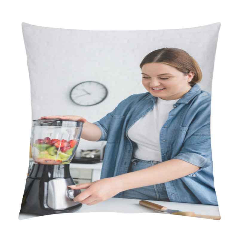 Personality  Cheerful Woman With Overweight Making Smoothie Near Honey In Kitchen  Pillow Covers