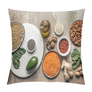 Personality  Top View Of Superfoods, Legumes And Healthy Ingredients On Rustic Background Pillow Covers