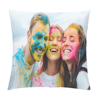 Personality  Happy Group Of Friends With Closed Eyes Smiling Outdoors  Pillow Covers