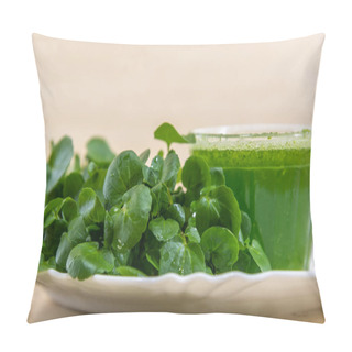 Personality  Watercress Juice And Salad (Nasturtium Officinale). Detox Drink And Salad. Antioxidant Greenery. Natural Food. Energy Drink. Green Juice. Diet And Balanced Diet. Ingredient For Salads. Pillow Covers