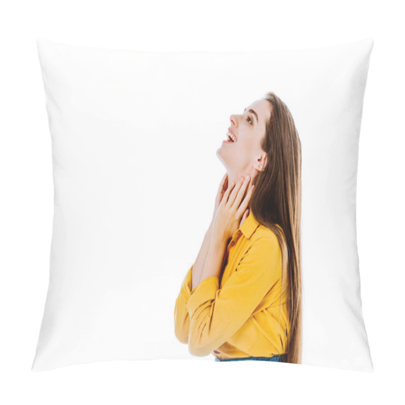 Personality  Side View Of Happy Attractive Girl Touching Neck Isolated On White Pillow Covers