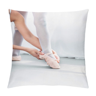 Personality  Cropped Shot Of Woman Exercising With Little Ballerina In Pointe Shoes Pillow Covers