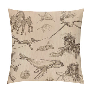 Personality  DIVING - An Hand Drawn Vector Collection, Divers. Freehand Drawi Pillow Covers