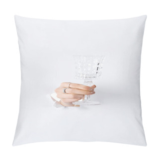 Personality  Cropped Image Of Woman Holding Glass In Hand With Beautiful Rings Through White Paper Pillow Covers