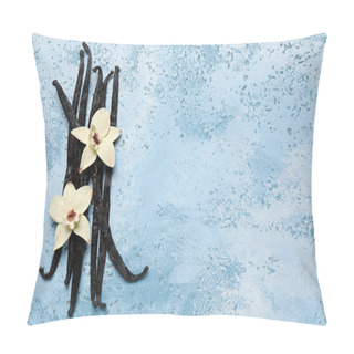 Personality  Aromatic Vanilla Sticks And Flowers On Blue Background Pillow Covers