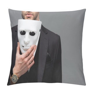 Personality  Cropped View Of Businessman Holding Face Mask Isolated On Grey Pillow Covers