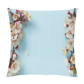 Personality  Top View Of Tree Branches With Blossoming Spring Flowers On Blue Background Pillow Covers