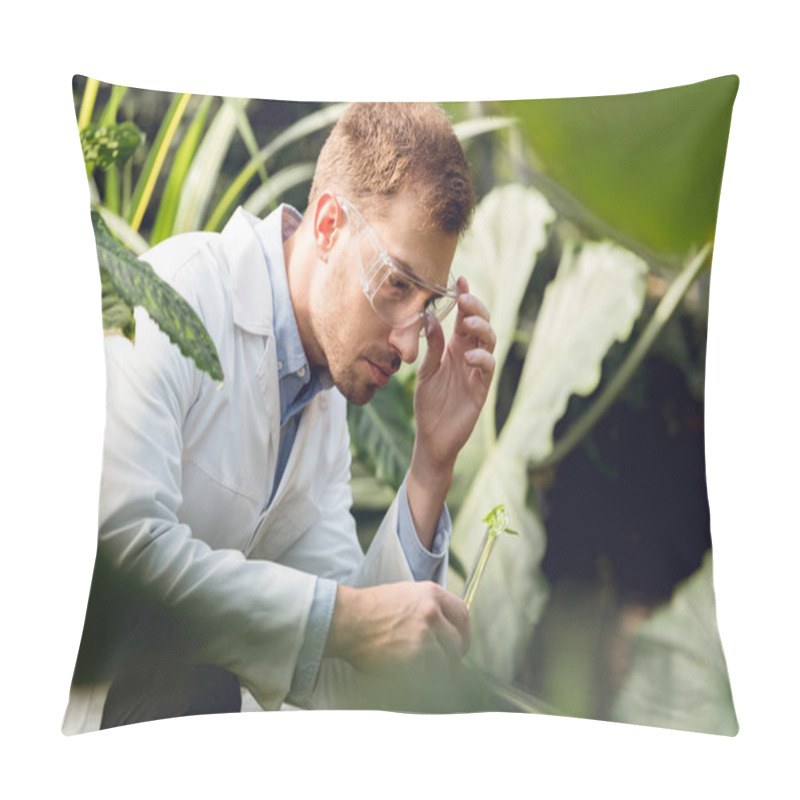 Personality  Handsome Scientist In White Coat And Goggles Taking Plant Sample In Flask In Orangery Pillow Covers