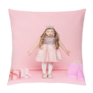 Personality  Full Length Of Shocked Little Girl In Crown Standing Near Presents And Shopping Bags On Pink  Pillow Covers