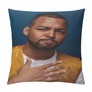 Personality  Portrait Of Handsome African American Man Looking At Camera With Hand Near Face, Fashion Concept Pillow Covers