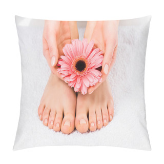 Personality  Partial View Of Barefoot Woman Standing On Towel And Holding Flower Pillow Covers