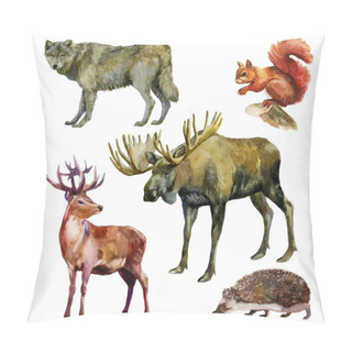 Personality  Watercolor Illustration, Set. Forest Animals. Wolf, Squirrel, Elk, Deer, Hedgehog. Pillow Covers