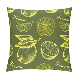 Personality  Sketch Hand Drawn Pattern Of Yellow Lemon With Leaves Isolated On Green Background. Outline Drawing Slice Of Citrus Fruit Wallpaper. Organic Vegan Food Packaging. Summer, Botanical Vector Illustration Pillow Covers