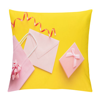 Personality  Top View Of Pink Shopping Bag Near Envelope And Present On Yellow Background  Pillow Covers