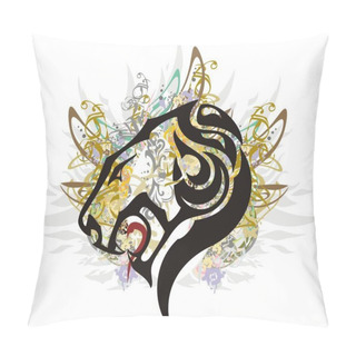 Personality  Lion Icon Colorful Floral Splashes. Roaring Lion's Head Flame With Decorative Floral And Golden Motifs, Elements Of Feathers For Emblems, Tattoos, Prints, Wallpaper, Textiles, Etc. Pillow Covers