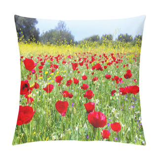 Personality  Field Of Red Poppy Flowers With Yellow Rapeseed Plants Pillow Covers