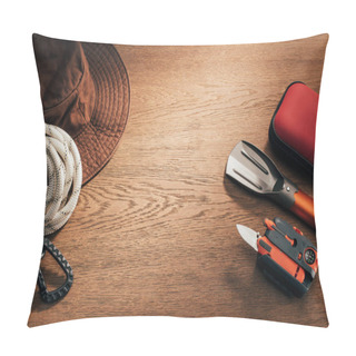 Personality  Top View Of Various Eco Tourism Items Set With Copy Space On Wooden Table Pillow Covers