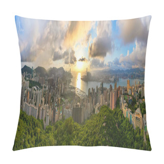 Personality  Top Aerial View Of Hong Kong Skyline And Cityscape With Sunset. Amazing Panorama Of Highrise Buildings And Modern Towers And Sky Reflecting In The Harbor. Hong Kong Island And Kowloon Landside. Pillow Covers