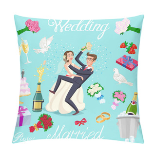 Personality  Set Vector Wedding Just Married Couple With Hearts Avatars Characters. Roses Flowers Champagne Cake Newlyweds Pigeons Gifts Rings Strawberry Bow Ice Bubbles Art Pillow Covers