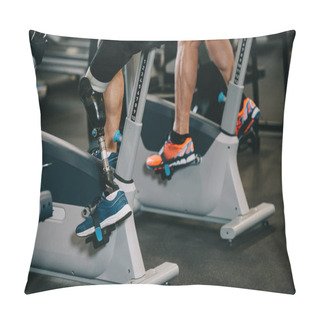 Personality  Cropped Shot Of Sportsman With Artificial Leg Working Out On Stationary Bicycle At Gym Pillow Covers