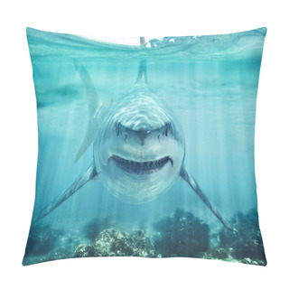 Personality  A Predator Great White Shark Swimming In The Ocean Coral Reef Shallows Just Below The Water Line Closing In On Its Victim . 3d Rendering With God Rays Pillow Covers