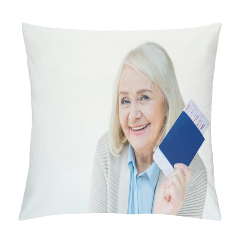 Personality  senior woman with passports and tickets pillow covers