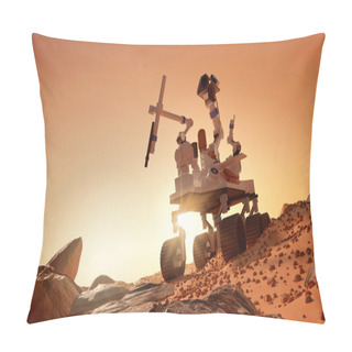 Personality  Exploring And Learning About The Planet Mars. A Rover Exploring The Martian Surface. 3D Illustration. Pillow Covers