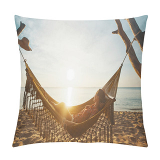 Personality  Vacation Beach Summer Holiday Concept. Young Woman Relaxing In Hammock At Sunset, Island Phu Quoc, Vietnam Pillow Covers