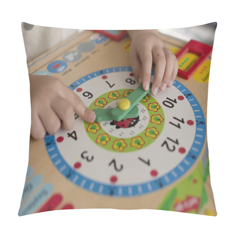 Personality  Little Boy Learning Time With Clock Toy Of Montessori. Pillow Covers