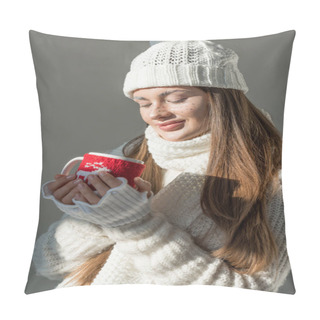 Personality  Beautiful Girl In Stylish Winter Sweater And Scarf Holding Cup Of Tea Isolated On Grey Pillow Covers