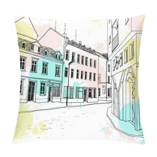 Personality  Cute Urban Landscape Sketch. Old European City. Germany. Frankfurt Am Main. Nice Street In Hand Drawn Style On Blobs Background Pillow Covers