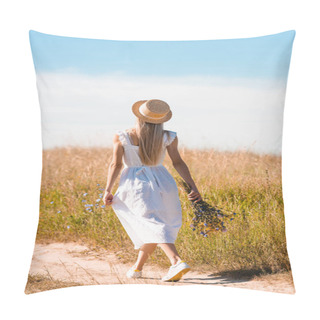 Personality  Back View Of Blonde Woman In White Dress And Straw Hat Walking On Road In Field With Bouquet Of Wildflowers Pillow Covers