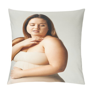 Personality  Plus Size Woman With Natural Makeup Posing In Beige Strapless Top And Touching Shoulder Gently In Studio Isolated On Grey Background, Looking Away, Body Positive, Self-love  Pillow Covers