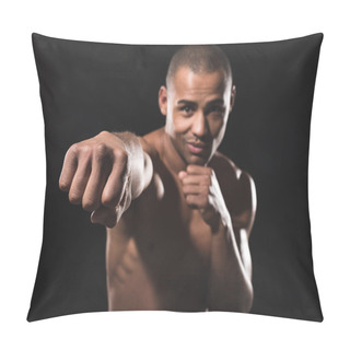 Personality  Young Strong Guy Demonstrating Nice Strike Pillow Covers