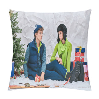 Personality  Fashionable Interracial Couple Sitting On Snow In Studio Near Skis, Presents And Christmas Tree Pillow Covers