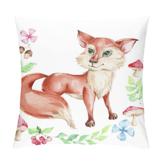 Personality  Cartoon Fox With Floral And Mushrooms Frame Watercolor Hand Draw Illustration On White Isolated Background Pillow Covers