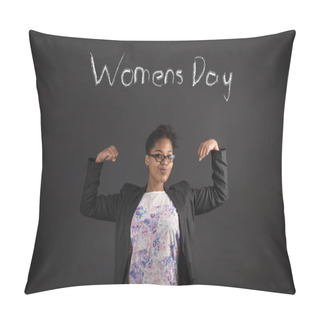 Personality  African Woman With Strong Arms For Women's Day On Blackboard Background Pillow Covers