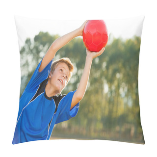 Personality  Young Boy Catching Red Ball Outdoors. Pillow Covers
