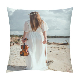Personality  Back View Of Girl In Elegant White Dress Holding Violin On Seashore Pillow Covers