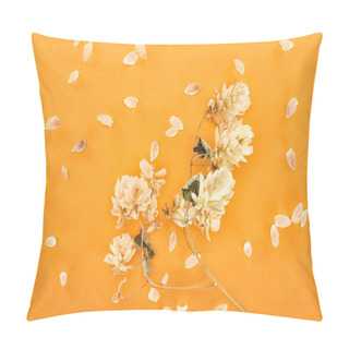 Personality  Twig With Dry Hop Seed Cones Near Petals Isolated On Yellow Background Pillow Covers