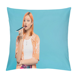Personality  Social Media Influencer, Young Asian Woman With Dyed Hair Holding Smartphone And Recording Audio Message On Blue Background, Mobile Phone, Youth Culture, Digital Age, Generation Z  Pillow Covers