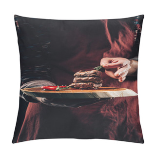 Personality  Cropped Shot Of Chef In Apron Holding Wooden Board With Delicious Grilled Meat, Chili Pepper And Rosemary  Pillow Covers