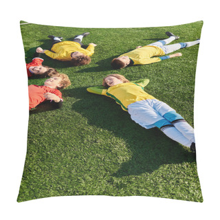 Personality  A Group Of Young Boys With Various Expressions Are Lying Down On Top Of A Lush Green Field, Surrounded By Natures Beauty. They Seem Relaxed And Content, Soaking Up The Sun And Enjoying Each Others Company. Pillow Covers