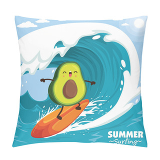 Personality  Vintage Fruit Poster Design With Vector Avocado Surfer. Pillow Covers